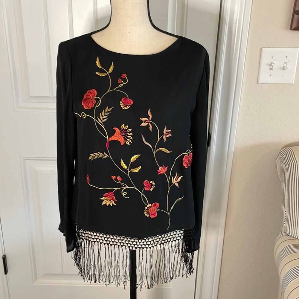 Josephine Chaus Floral Embroidered and Beaded Black Silk Top and Fringe …